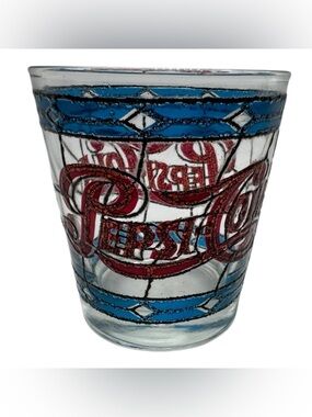 Vintage 1970s Pepsi-Cola Stained Glass Style Drinking Glass Tumbler 3 3/4 In.